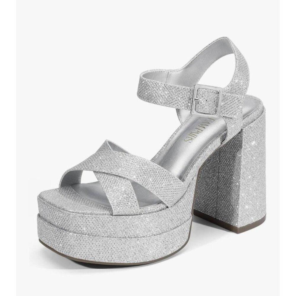 Dream Pairs Womens Silver Y2K Size 9.5 Platform Sandals Retro Glitter Finish